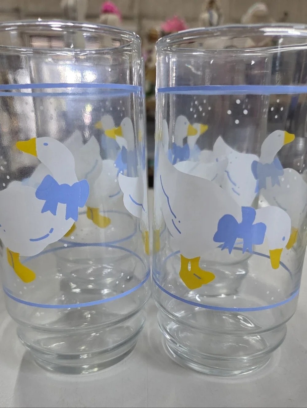 Vtg 1980s Country Goose Drinking Glasses Set of 8 | Blue Bow Farmhouse Tumblers